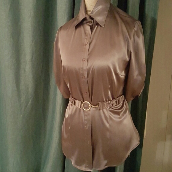 Faux silk button-down blouse with removable belt - Picture 1 of 4